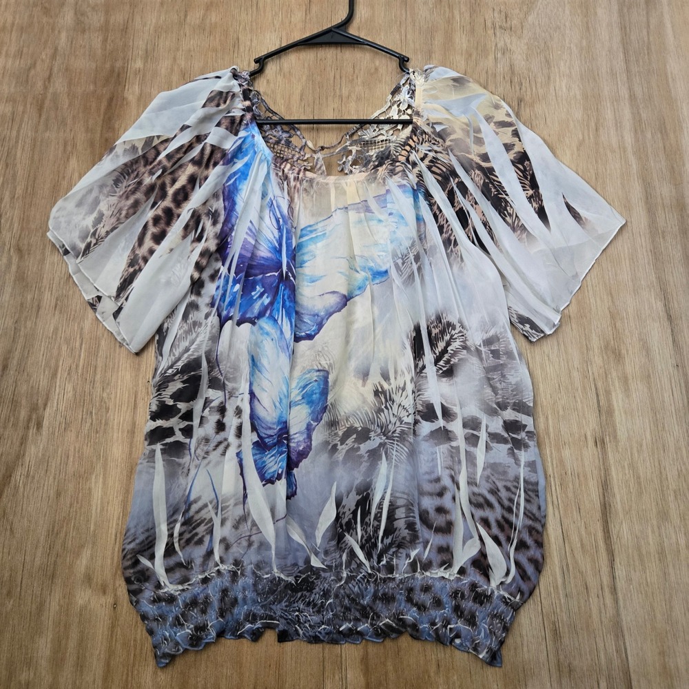 Simply Irresistible Butterfly Leopard Print Chiffon Lace Top Blue Brown L
